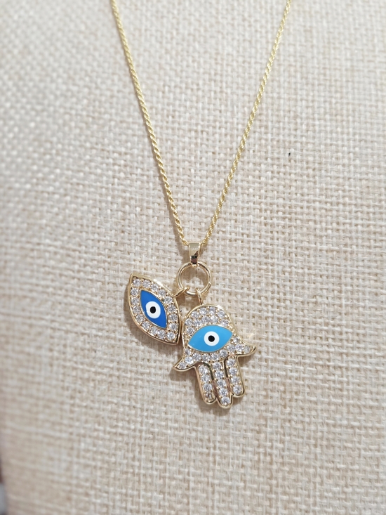 925 Sterling Silver Jewelry - Gold Hamsa Hand and Evil Eye Pendant Necklace - Blue Accents